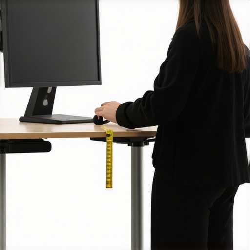Person measuring and adjusting a standing desk to proper height for ergonomic posture