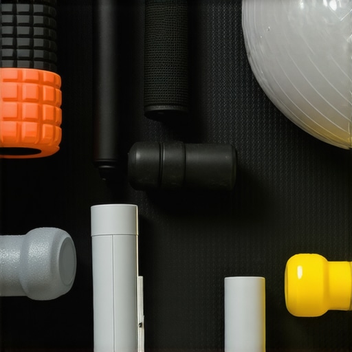 Essential Tools for Spinal Health A collection of foam roller, posture sensor, and stability ball used for back and neck health exercises.
