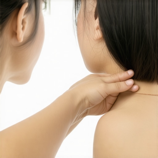 Person practicing safe neck mobility exercises in front of mirror