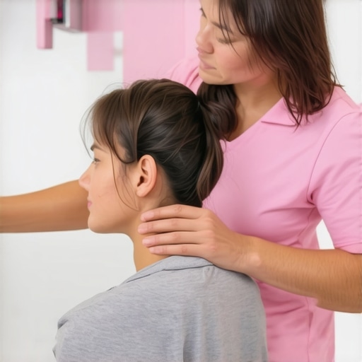 Chiropractor guiding a patient through gentle neck movements in a clinic.