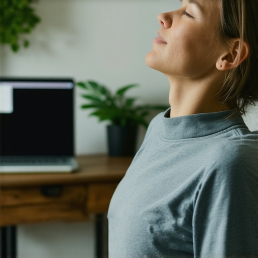 Person doing neck stretches at desk to alleviate dizziness