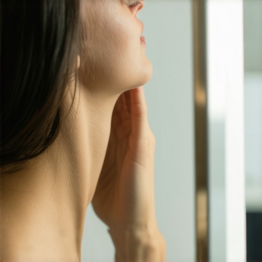 Neck stretch demonstration Person stretching neck muscles in front of mirror to improve mobility