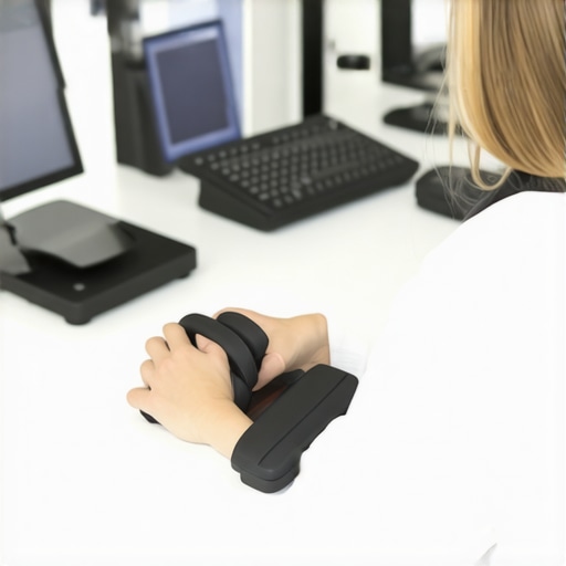 Posture Monitoring in Action: Staying Aligned at Work Individual wearing a posture correction device while working at a desk, emphasizing spinal health tools.