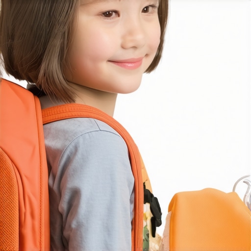 Child with backpack fitted correctly, showing good posture