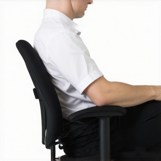 Person sitting correctly in an ergonomic office chair, supporting lower back