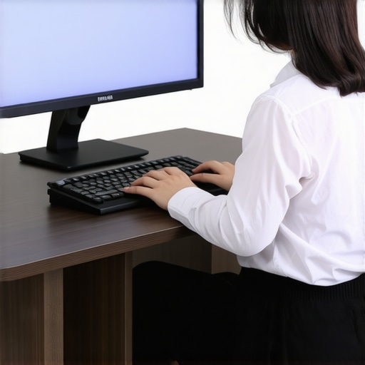 Proper Workspace Ergonomics for Back and Neck Health Person adjusting their desk setup to improve ergonomic posture, including monitor, keyboard, and mouse placement.