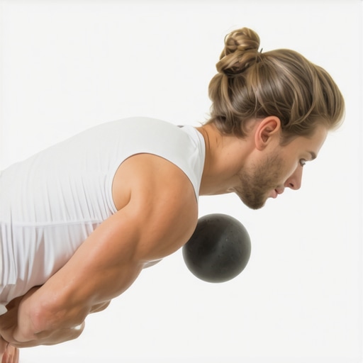 Person using foam roller and trigger point ball on neck and shoulders for flexibility and mobility.
