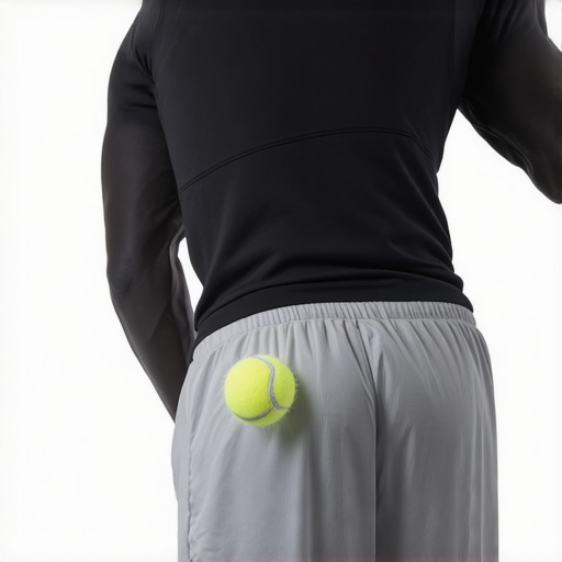 Individual pressing a tennis ball against their lower back to relieve muscle knots