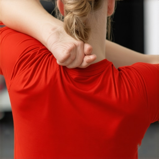 Person demonstrating shoulder blade squeeze to improve neck mobility