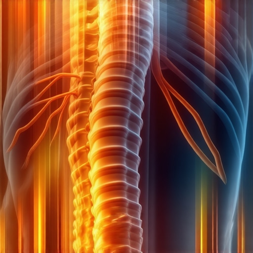 A detailed medical illustration showing a healthy spine, surrounding muscles, and nerves.