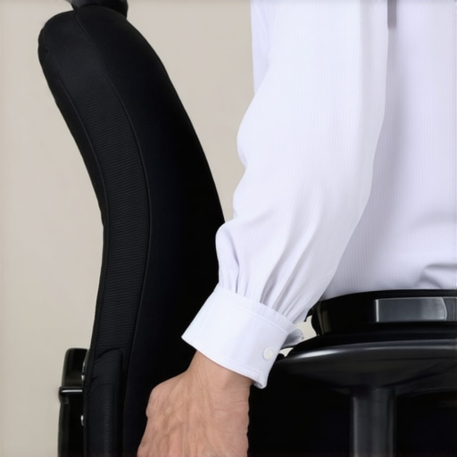 Adjusting lumbar support in an ergonomic chair Person properly positioning lumbar support on office chair to match lower back's natural curve.