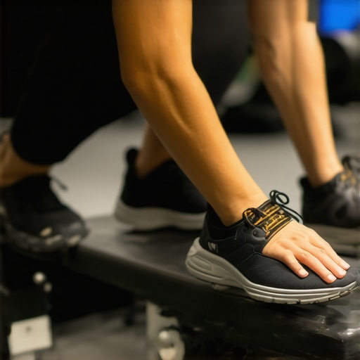 Close-up of healthy supportive sneakers on a bench, highlighting arch support and sole structure.