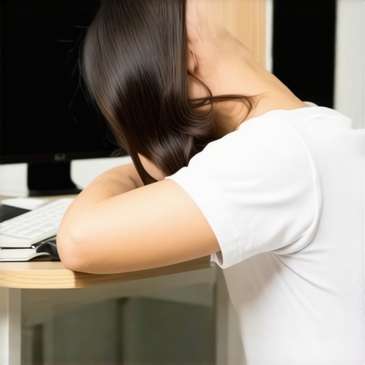 Individual doing neck and shoulder stretches at office desk for pain relief.