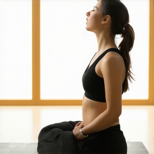 Person lying on yoga mat demonstrating diaphragmatic breathing exercise.