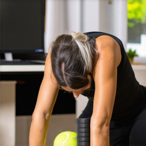 Individual using foam roller and tennis ball for mobility exercises at home