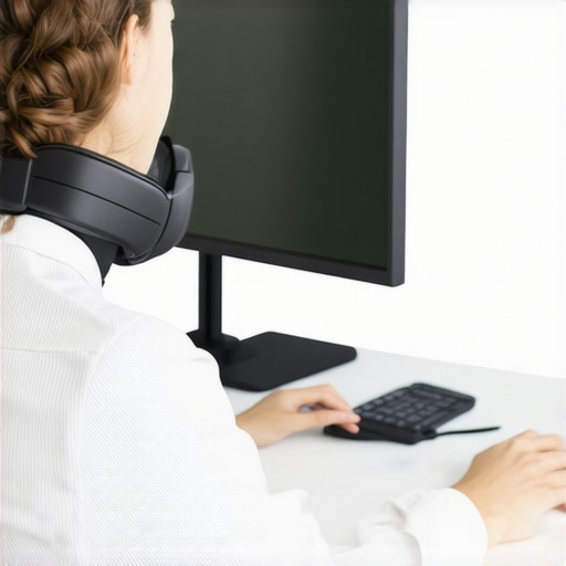 Individual adjusting an ergonomic monitor riser and using a cervical traction device at their desk for neck relief.