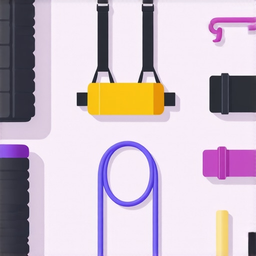An illustration showing foam roller, resistance bands, and posture correction device on a mat for spinal health