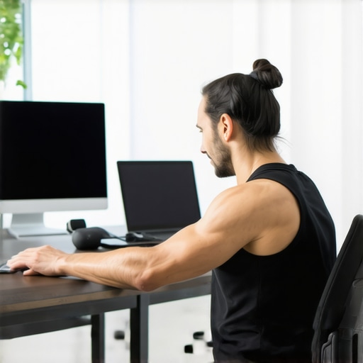 Individual performing foam rolling exercise with ergonomic accessories to maintain back and neck health