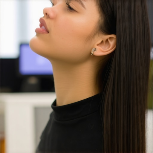 Individual practicing jaw relaxation technique in an office environment.