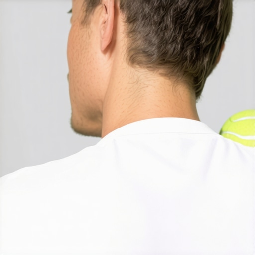 Person pressing tennis ball against upper back muscles for relief.