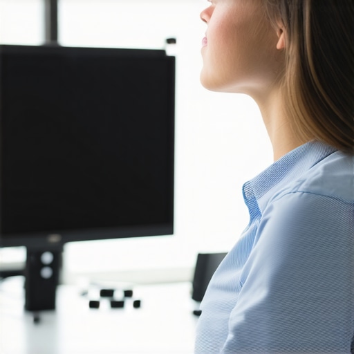 Actionable steps for shoulder and neck relief Man demonstrating a chin tuck and proper desk ergonomics to relieve heavy shoulder pain