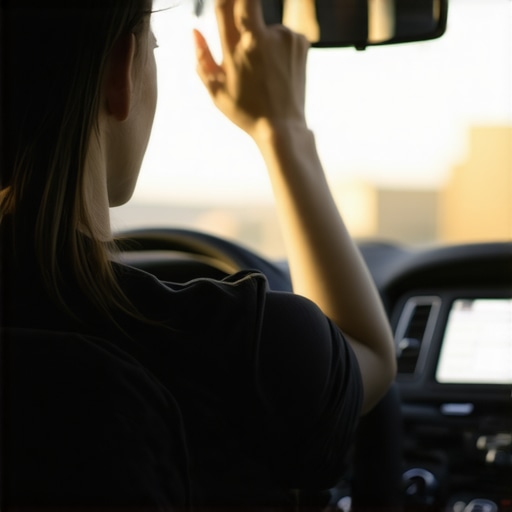 Man adjusting his car mirror to maintain an upright spinal position while driving.