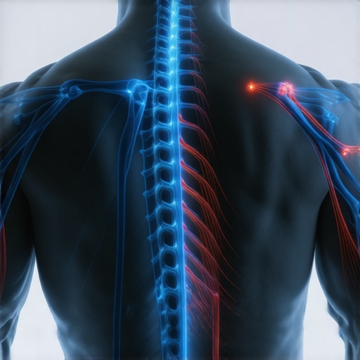 Anatomical View of Shoulder and Spine Tension Anatomical illustration showing the relationship between spinal mobility and shoulder tension.