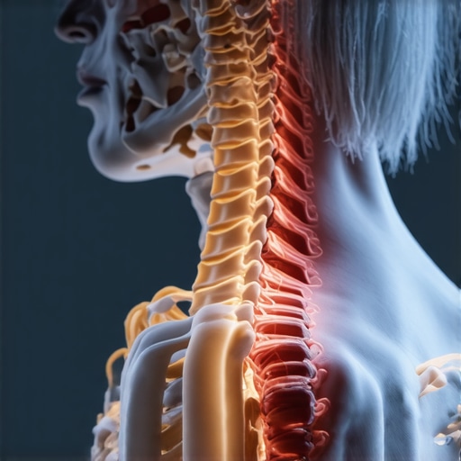 Diagram of a human neck spine showing muscle strain from forward head posture