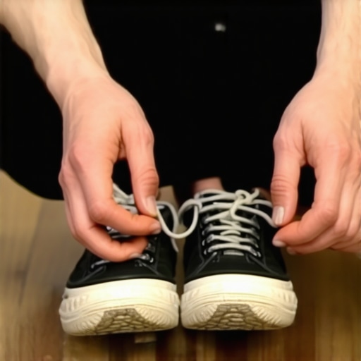 Close up of worn out sneaker heels being inspected for balance and spinal health.