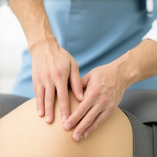 Chiropractic Pelvic Alignment Check for Spinal Stability Close-up of a chiropractor's hands assessing pelvic tilt and spinal alignment on a patient.