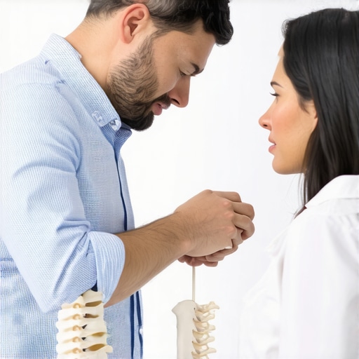 Chiropractic explanation of spinal stability A chiropractor pointing to the lumbar region on a spinal model while talking to a patient.