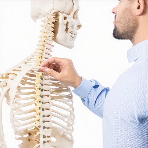 Chiropractor explaining the link between mid-back and neck health Professional showing the connection between the thoracic and cervical spine on a medical model.