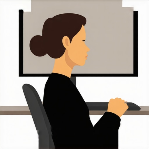 Illustration showing the ideal eye level and posture for a computer desk setup to prevent neck pain.