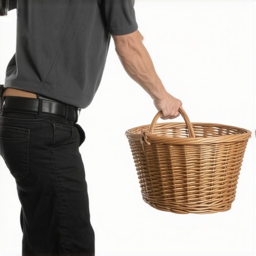 Correct Hip Hinge for Lifting Laundry Person demonstrating a safe hip hinge technique while lifting a laundry basket to avoid back injury.