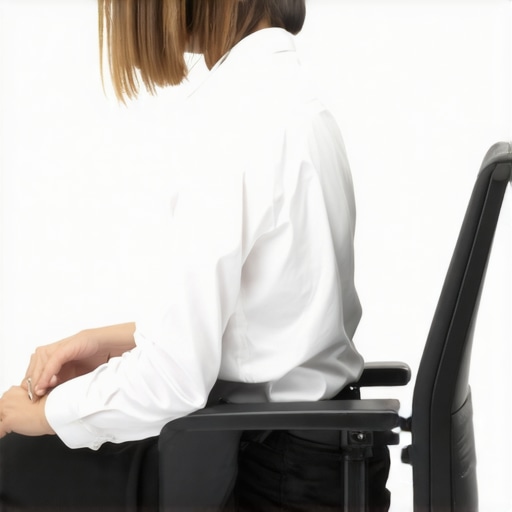 Correct Lumbar Roll Placement for Back Support A person demonstrating how to use a lumbar roll to maintain spinal alignment while sitting.
