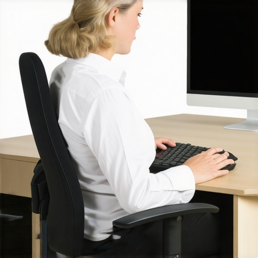 Correct Lumbar Roll Placement for Office Ergonomics Close-up of a person using a lumbar roll in an office chair to support spinal alignment.
