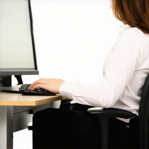 Correct Lumbar Roll Placement for Office Work Person using a lumbar roll for spinal support at a desk
