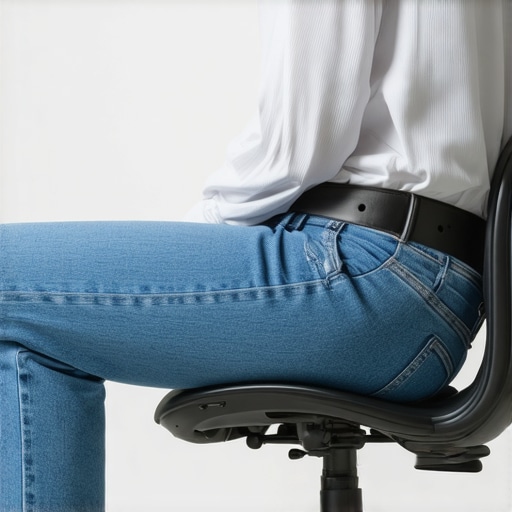 Person using a lumbar roll at the belt line to maintain spinal curvature while sitting