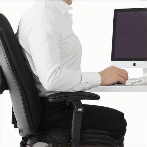 Person using a lumbar roll for better spinal alignment at a desk