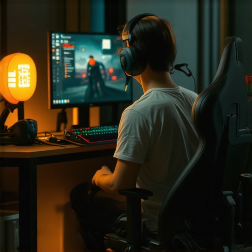 Correct Monitor Height for Spinal Alignment A gamer sitting with perfect posture and an eye-level monitor setup.