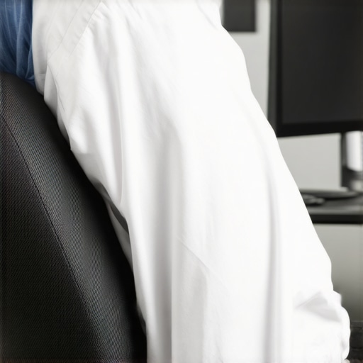 Person using a McKenzie lumbar roll to maintain spinal curvature while sitting in an office chair