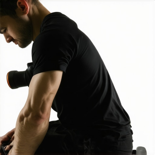 Correct use of a massage gun for back health A person demonstrating how to use a massage gun on hip muscles to support lower back health