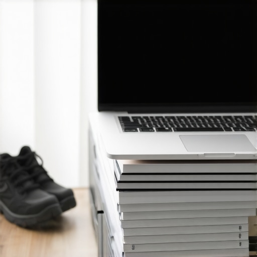 DIY Ergonomic Laptop Stand with Books A budget-friendly ergonomic home office setup using books to elevate a laptop screen to eye level.