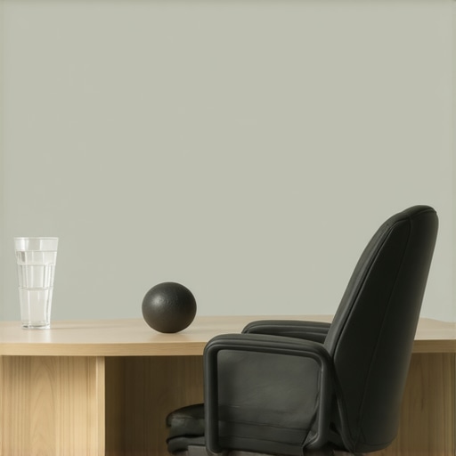 Ergonomic tools for back pain maintenance including a lumbar roll and lacrosse ball.