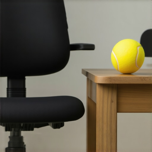 Daily Spinal Maintenance Tools A lumbar roll on an office chair and a tennis ball on a desk used for back pain maintenance.