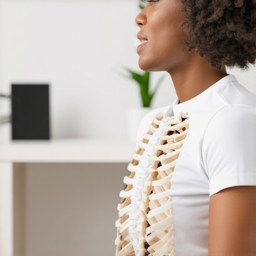 Diaphragmatic breathing for neck relief A person practicing diaphragmatic breathing at a desk to reduce neck tension and stress.