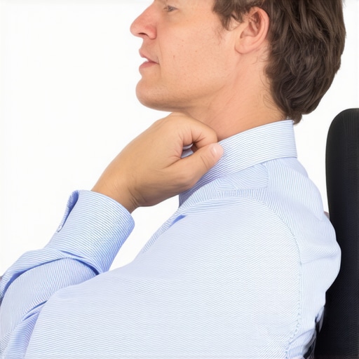Ergonomic Chin Tuck Exercise for Neck Pain Relief A person performing a chin tuck exercise at an office desk to relieve neck tension and improve spinal posture.