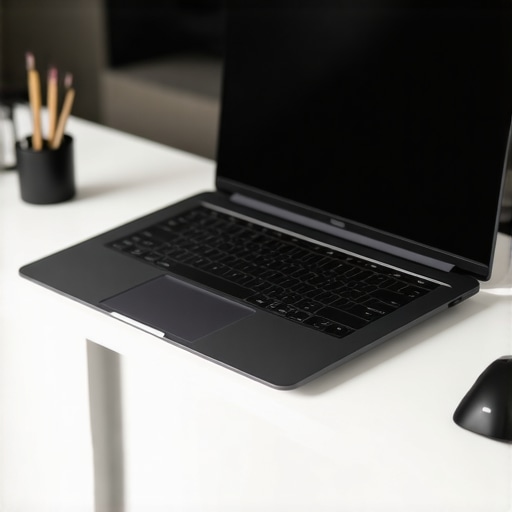 Ergonomic Desk Setup with Raised Laptop An ergonomic desk setup with a laptop riser and external keyboard to prevent neck strain