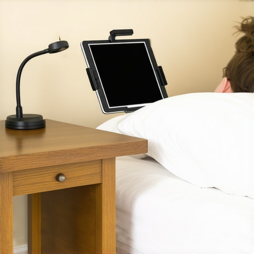 A flexible tablet arm mount used to position a screen at eye level to prevent neck strain.