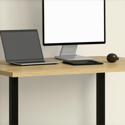 Ergonomic Home Office Setup with Mobility Tools An ergonomic desk setup featuring a standing desk and a lacrosse ball for spinal maintenance.